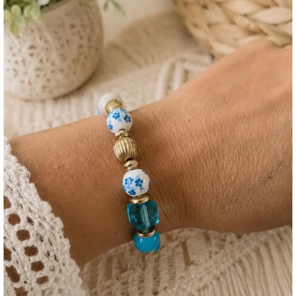 Blue Beaded Floral Stretch Bracelet New